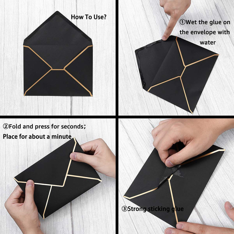 [Australia - AusPower] - 50 Pack A7 Envelopes 5 x 7 Card Envelopes Self-Adhesive V Flap Envelopes with Gold Border for Office, Wedding Gift Cards, Invitations, Graduation, Baby Shower, Parties (Black) Black 