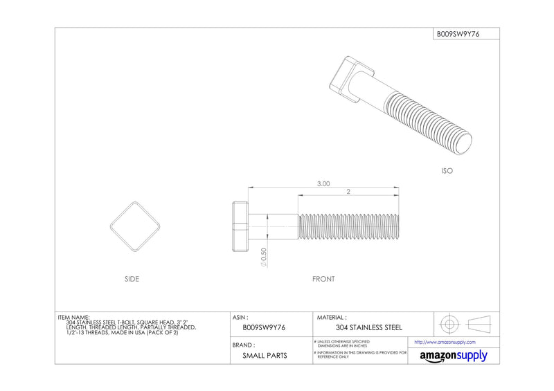 [Australia - AusPower] - Te-Co 46483 304 Stainless Steel T-Bolt, 1/2"-13 TPI, 2" Thread Length, 3" Length, 7/8" x 7/8" x 5/16" Head, 1/2" Table Slot (Pack of 2) 