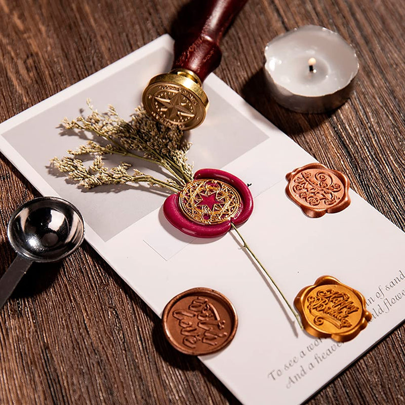 [Australia - AusPower] - Wax Seal Stamp Gift Box Set, 6 Pcs Blessing Series Sealing Wax Stamps Copper Seals 1 Wooden Hilt, Wax Stamp Kit for Cards Envelopes, Gift Packaging (Phrases Series) Phrases Series 