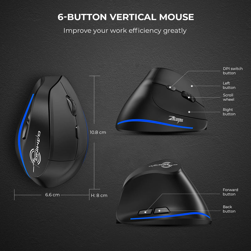 ECHTPower Rechargeable Ergonomic Mouse, 2.4G Wireless Vertical Mouse-Reduce  Wrist Pain, 3 Adjustable DPI 2400/1600/1000, 6 Button, LED Wireless Mouse  for Laptop, Computer, Desktop, Windows, Mac OS