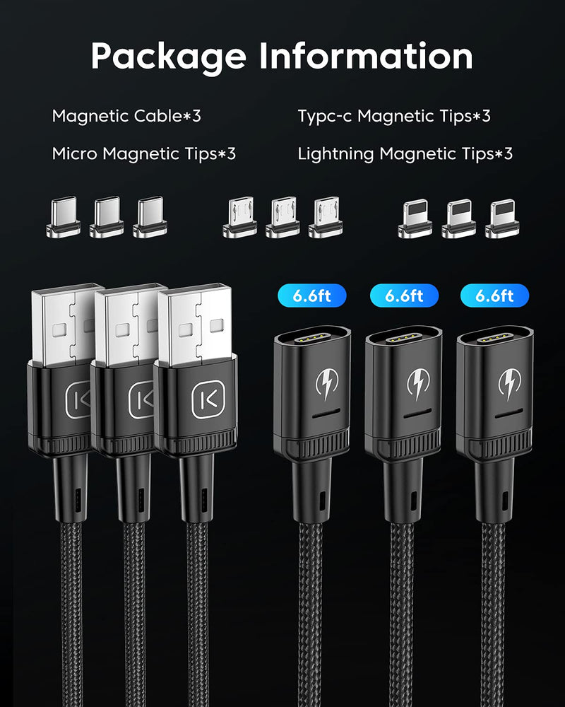 [Australia - AusPower] - KUULAA 3Pack Magnetic Charging Cable USB C,3A Fast Charging/Data Transmission with 3 in 1 Charging Tips Nylon-Braided Phone Cable Compatible for iProduct/Type C/Micro Device(6.6ft/6.6ft/6.6ft) 6.6,6.6,6.6ft Black 