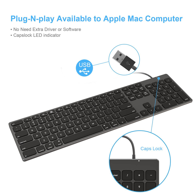 [Australia - AusPower] - Aluminum USB Wired Keyboard with Numeric Keypad for Mac Pro, Mini Mac, iMac, iMac Pro, MacBook Pro/Air, Laptop and PC Computer Black 