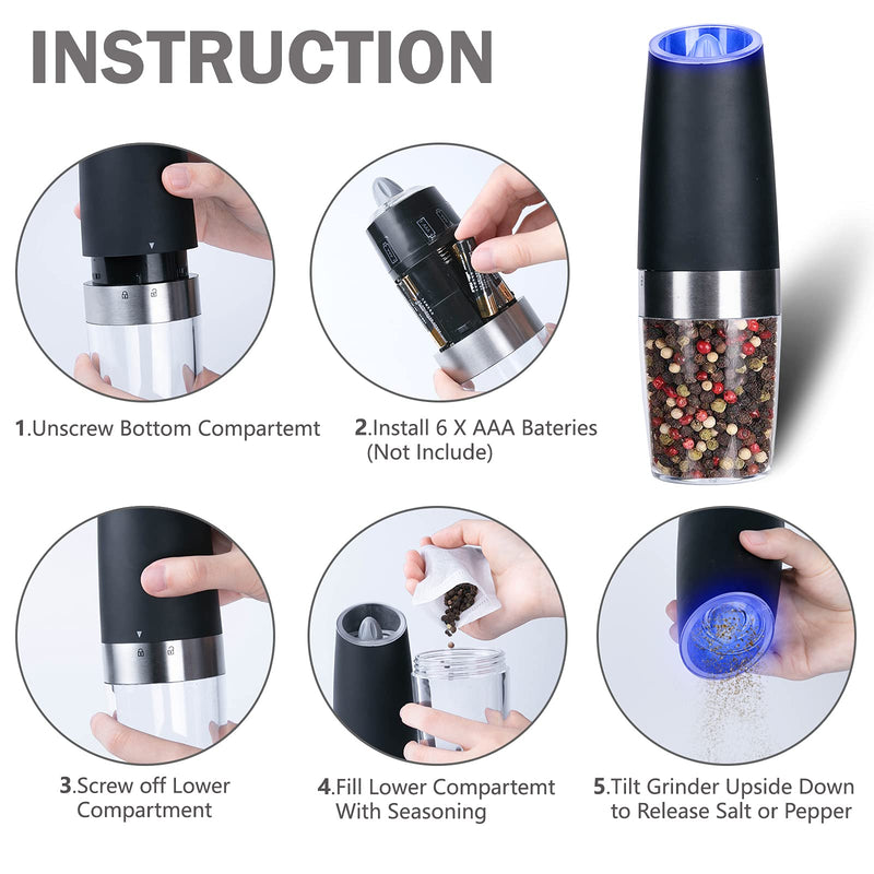 [Australia - AusPower] - 2 Pack Gravity Electric Salt and Pepper Grinder Set Automatic Battery Powered Salt Mill, Adjustable Coarseness, with Blue LED Light, One Hand Operated Black 2X 