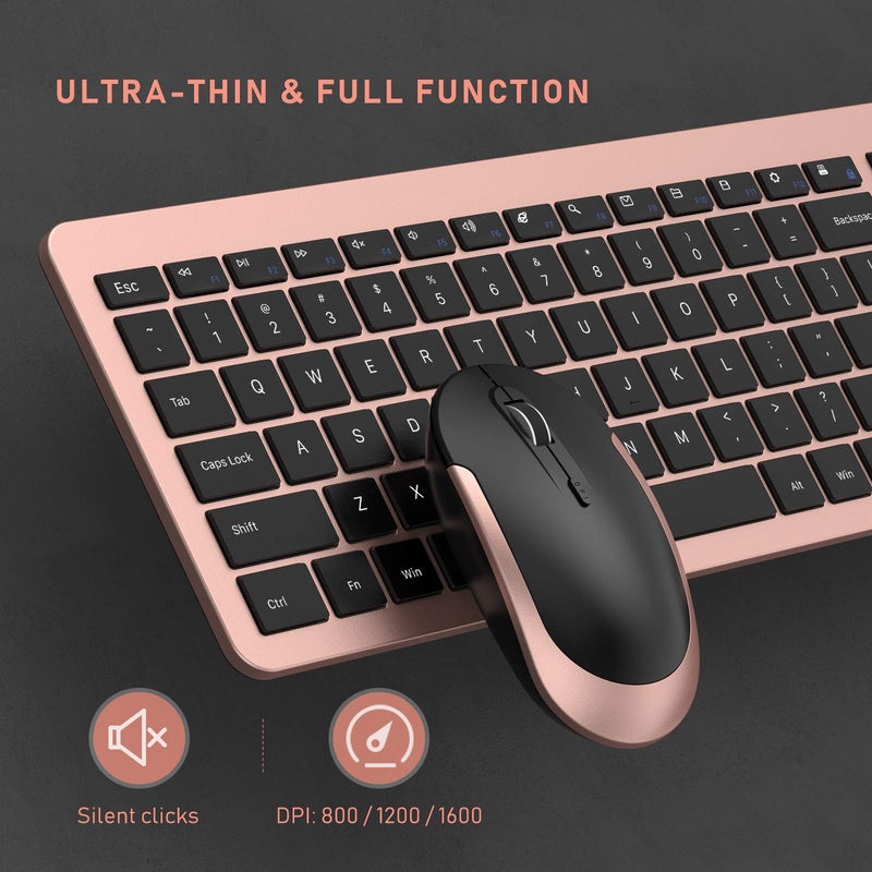 [Australia - AusPower] - seenda Rechargeable Wireless Keyboard Mouse Combo Full Size Cordless Keyboard & Mouse Sets with Build-in Lithium Battery Ultra Thin Quiet Keyboard Mice (Black and Rose Gold) Black and Rose Gold 
