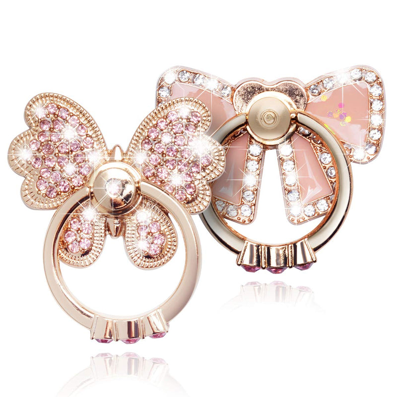 [Australia - AusPower] - Finger Ring Stand,2 Pack Luxury Glitter Diamond Universal Metal Finger Ring Grip Holder Kickstand for iPhone 13 12 Pro Max 8 7 6s Plus,Galaxy S22 S21 Ultra S10 Plus S8 S7 Note,All Smartphone,Pink/Bow 2 PACK,BOW 