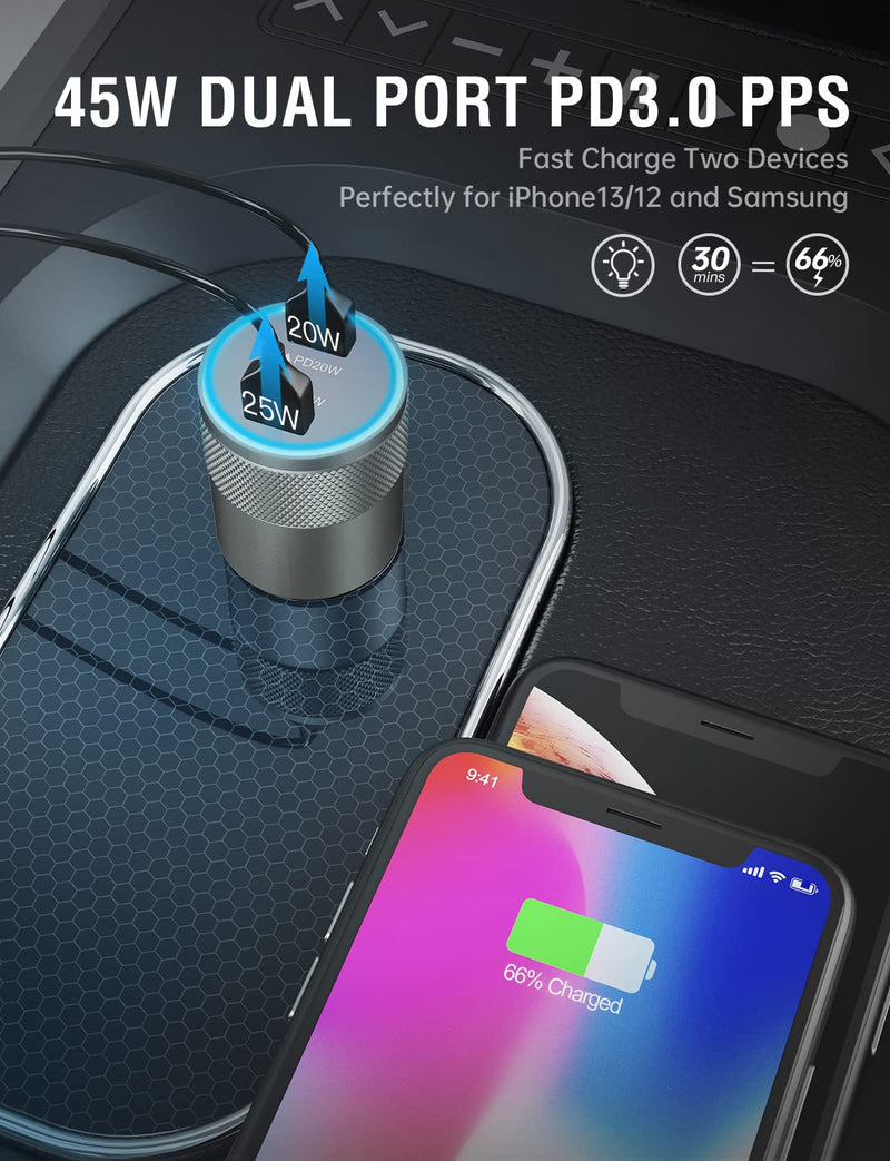 [Australia - AusPower] - USB C Car Charger, EHO 45W (25W+20W) Dual Port PD 3.0 Type C Super Fast Charger PPS Cargador Carro Lighter Adapter Compatible with iPhone 13 Pro Max, Samsung Galaxy S22/S21/S20, iPad Air/Pro, Grey 