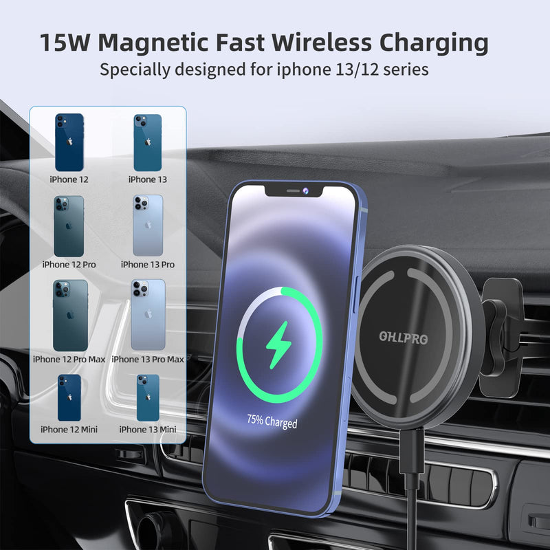 [Australia - AusPower] - Magnetic Wireless Car Charger Compatible with MagSafe Mount Secure Stick On Dashboard and Air Vent Clamp Phone Holder 15W Fast Charging, Specially esigned for iPhone 13/12 Series Phones（Grey） Air Vent Car Charger 