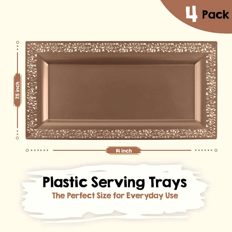 [Australia - AusPower] - 4 (pk) Yumchikel 14" x 7.5" Rose Gold Lace Rim Plastic Serving Trays & Platters | Heavy Duty Disposable Decorative Dessert Tray - Party Platters for Upscale Parties Weddings Brand: Yumchikel 