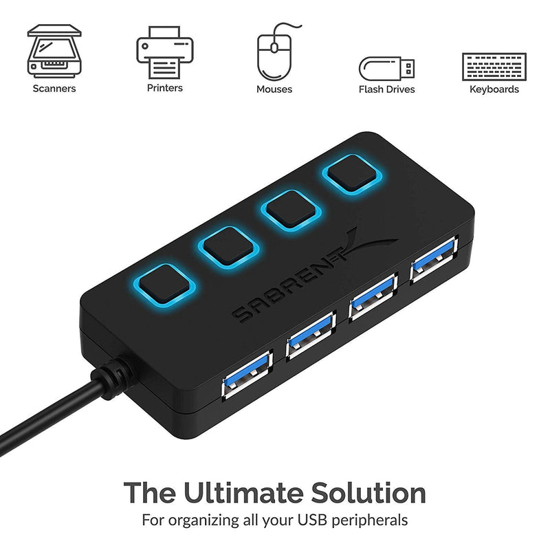 [Australia - AusPower] - SABRENT 4-Port USB 3.0 Hub with Individual LED Lit Power Switches, Includes 5V/2.5A Power Adapter (HB-UMP3) 