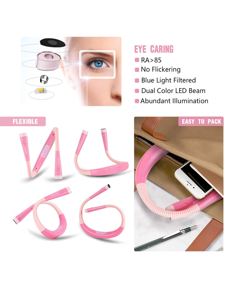 [Australia - AusPower] - Glocusent LED Neck Reading Light, Book Light for Reading in Bed, 3 Colors, 6 Brightness Levels, Bendable Arms, Rechargeable, Long Lasting, Pink, Perfect for Reading, Knitting, Camping, Repairing 