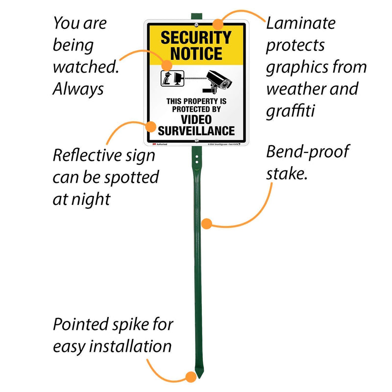 [Australia - AusPower] - SmartSign 12 x 10 inch “Security Notice - Property Is Protected By Video Surveillance” Yard Sign with 3 foot Stake, 40 mil Aluminum 3M Laminated Engineer Grade Reflective, Yellow, Black and White Aluminum Sign with 3' Stake 