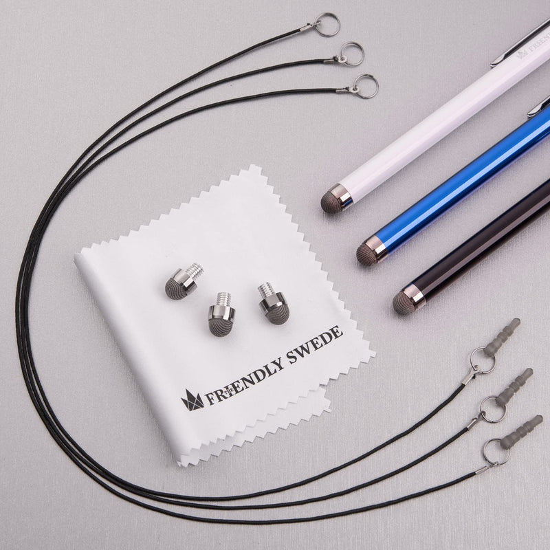 [Australia - AusPower] - The Friendly Swede Stylus Pens for Touch Screens - Micro-Knit Mesh Tip Capacitive Stylus Pen for Tablets and Phone, with Replaceable Fiber Tip Design (3 Pack) Black + White + Dark Blue 