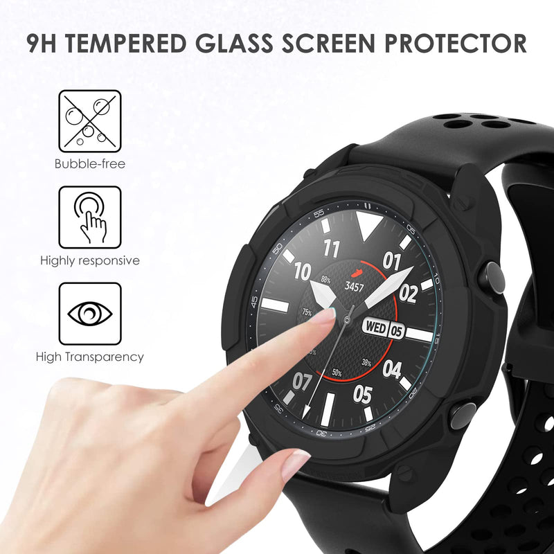 [Australia - AusPower] - [4in1] Newways Compatible for Samsung Galaxy Watch3 41mm Band with Case, 1 Silicone Band& 2 Tempered Glass Screen Protector& 1 Protective Bumper& 1 Bezel Sticker (Black/Black+ Black) Black+ Black/Black 