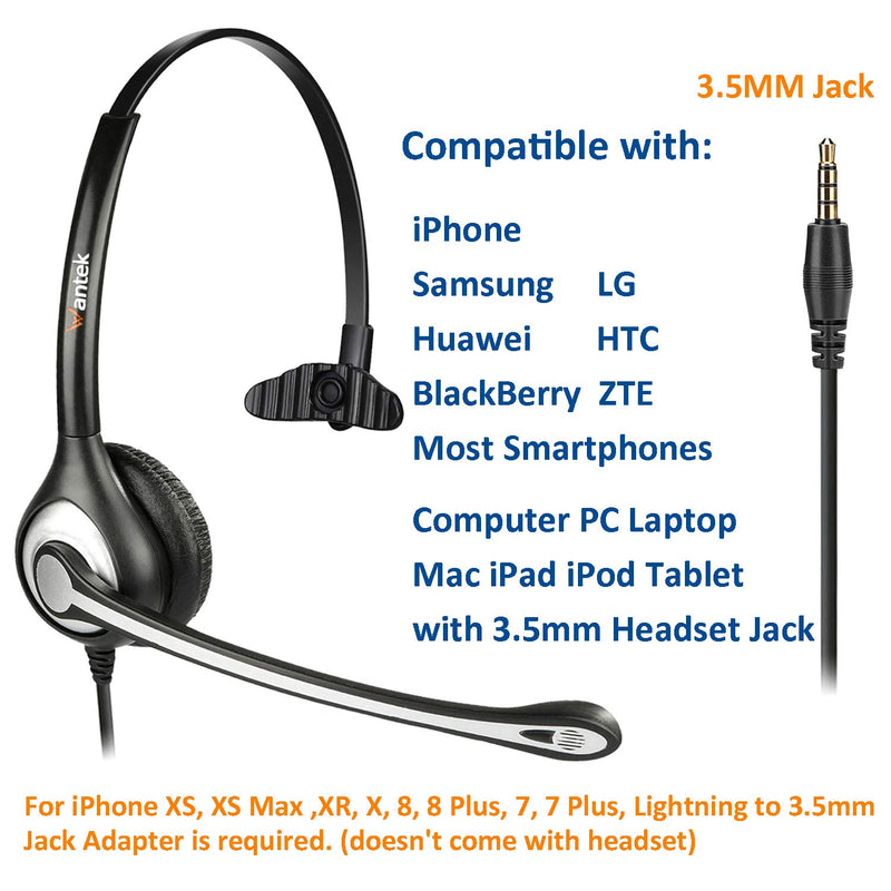 [Australia - AusPower] - Wantek Cell Phone Headset Mono with Noise Canceling Mic, Wired Computer Headphone for iPhone Samsung Huawei HTC LG ZTE BlackBerry Smartphones and Laptop PC Mac Tablet with 3.5mm Jack(F600J35) Monaural F600J35 