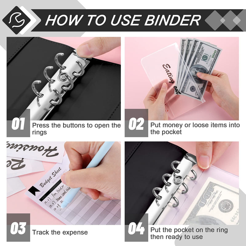 [Australia - AusPower] - Sooez A6 PU Leather Binder Budget Planner Organizer 6 Ring Binder Cover, 8Pcs Binder Pockets, 24Pcs Expense Budget Sheets & 8Pcs 34 Categories Sticker Labels, Money Saving Binder for Budgeting, Black 