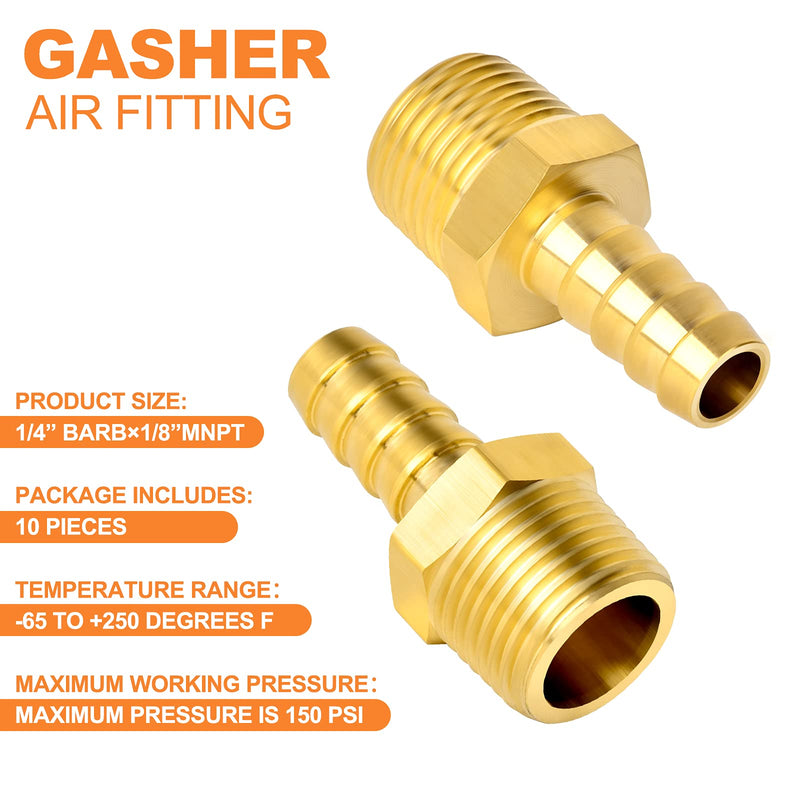[Australia - AusPower] - GASHER 10 PCS Air Hose Fittings, Hose Barb Fittings 1/4" Barb(6.35mm) x 1/8" MNPT Pipe Adapter with 10 Pcs Hose Clamp 1/4" Barb x 1/8" MNPT 