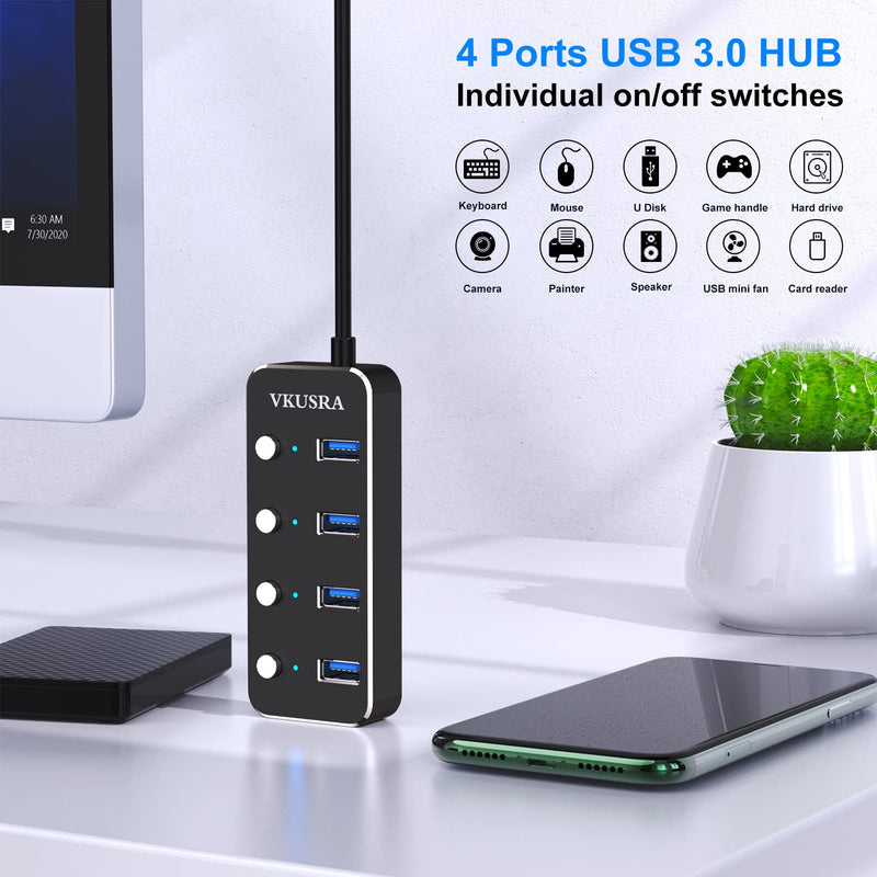 [Australia - AusPower] - USB Hub,VKUSRA 4 Port USB 3.0 Hub Splitter with 4ft USB Extension Cable Multiple Port and Individual On/Off Switchs,USB Port Expander for Laptop PC USB HUB 4 PORTS 