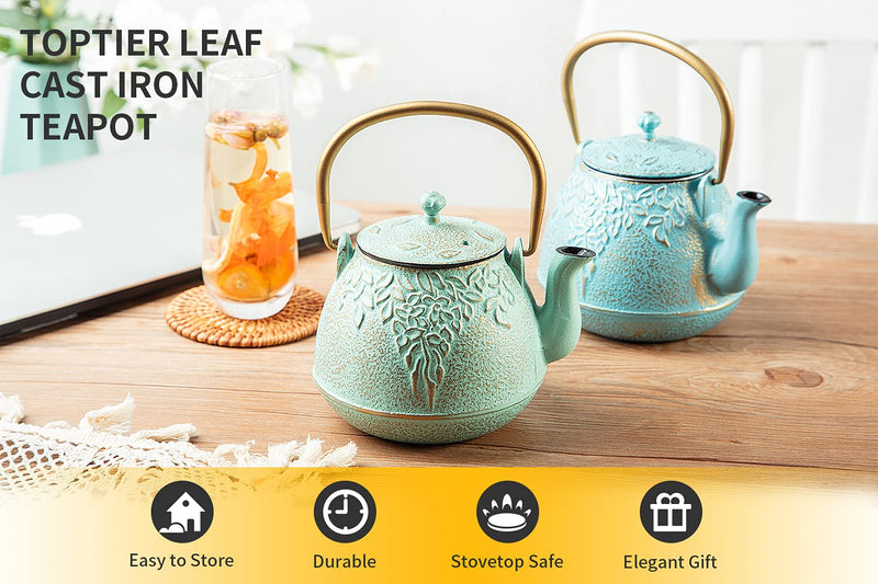 [Australia - AusPower] - Tea Kettle, TOPTIER Japanese Cast Iron Teapot with Stainless Steel Infuser, Cast Iron Tea Kettle Stovetop Safe, Leaf Design Teapot Coated with Enameled Interior for 32 Ounce (950 ml), Light Green 32 oz / 950 ml 