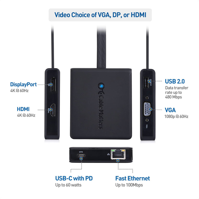 [Australia - AusPower] - Cable Matters USB C Hub with HDMI, DisplayPort, VGA, USB 2.0, Fast Ethernet, 60W Charging - Thunderbolt 4 / USB4 / Thunderbolt 3 Port Compatible with MacBook Pro, Dell XPS, HP Spectre x360 and More 