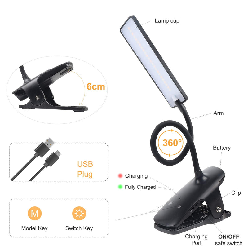 [Australia - AusPower] - LED Reading Light with Clip - Deaunbr USB Rechargeable Book Lights , 24 LEDs Flexible Neck Night Bed Lamp, Touch Control Portable Clamp Desk Lamps for Bed Headboard, Computers -Black Black 