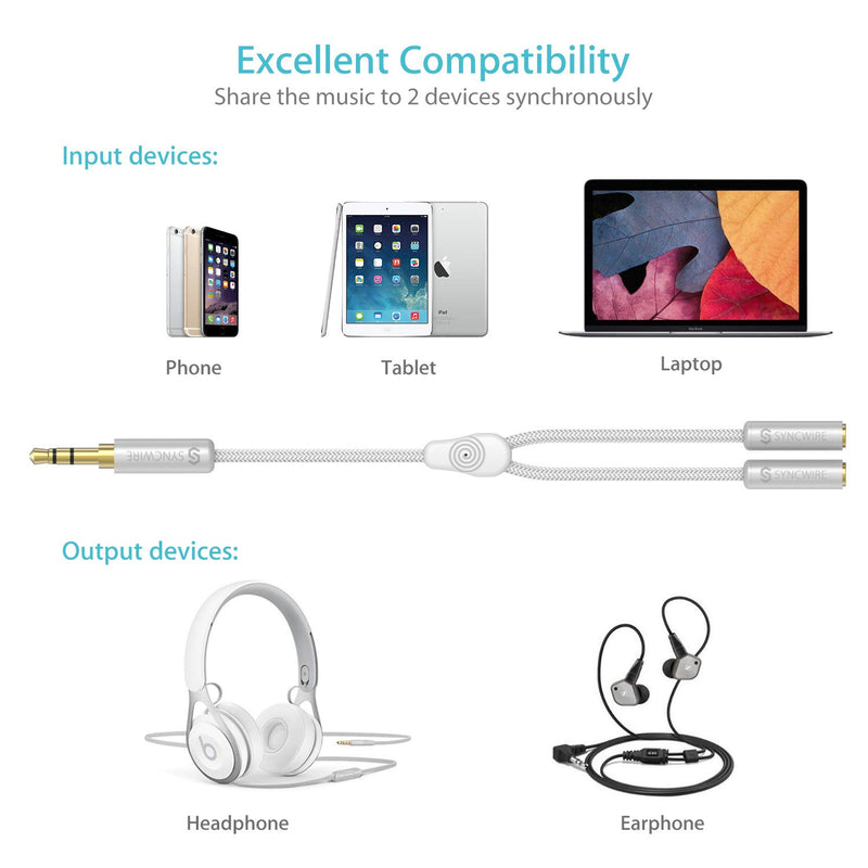 [Australia - AusPower] - Headphone Splitter, Syncwire Nylon-Braided 3.5mm Extension Cable Audio Stereo Y Splitter (Hi-Fi Sound), 3.5mm Male to 2 Ports 3.5mm Female Headset Splitter for Apple, Samsung & More - Silver 