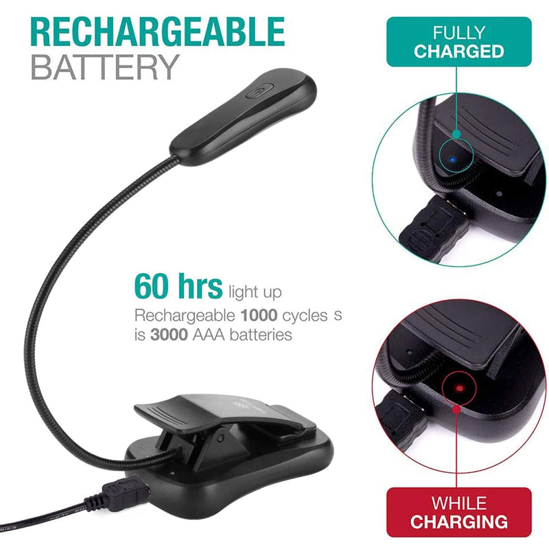 [Australia - AusPower] - Vekkia Rechargeable 3000K LED Book Light, Easy Clip on Reading Lights for Reading in Bed. Perfect for Readers & Kids Black 
