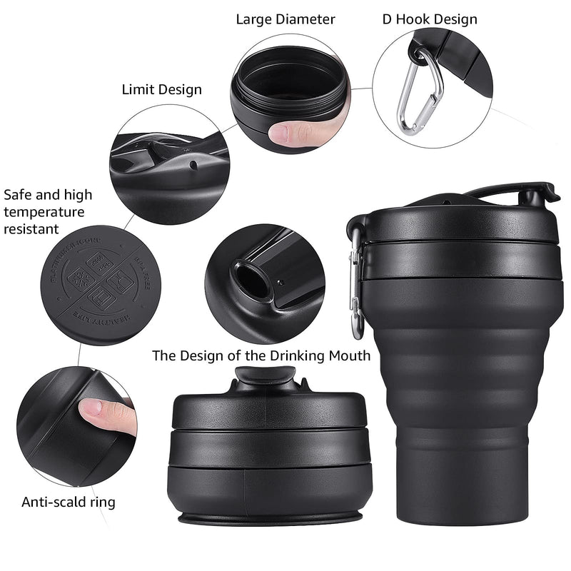 [Australia - AusPower] - EASYXQ Collapsible Travel Cup, 20 OZ 600ml Silicone Folding Camping Cup, Leak Proof BPA Free Portable Cup, Sport Bottle with Lids for hiking (Black) Black Large (Pack of 1) 