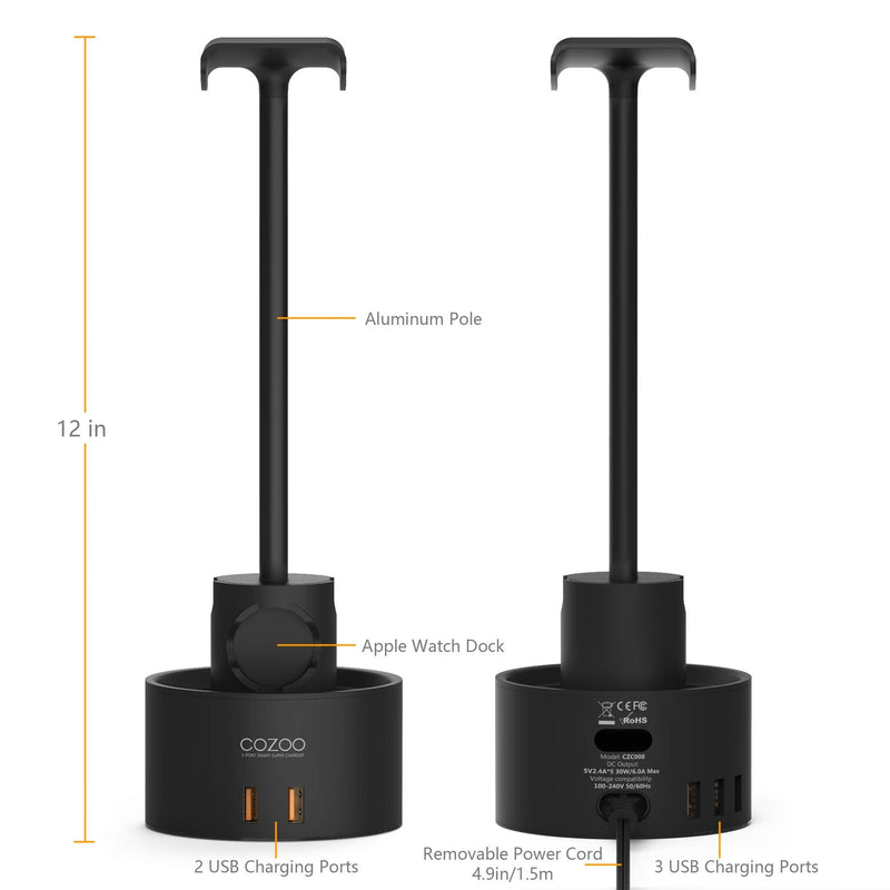 [Australia - AusPower] - Headphone Stand with 5 USB Charger COZOO Desktop Gaming Headset Holder Hanger with 5 USB Charging Station,Watch Stand and Watch Wireless Charging,Accessories for Gaming,DJ,Wireless Earphone Display 