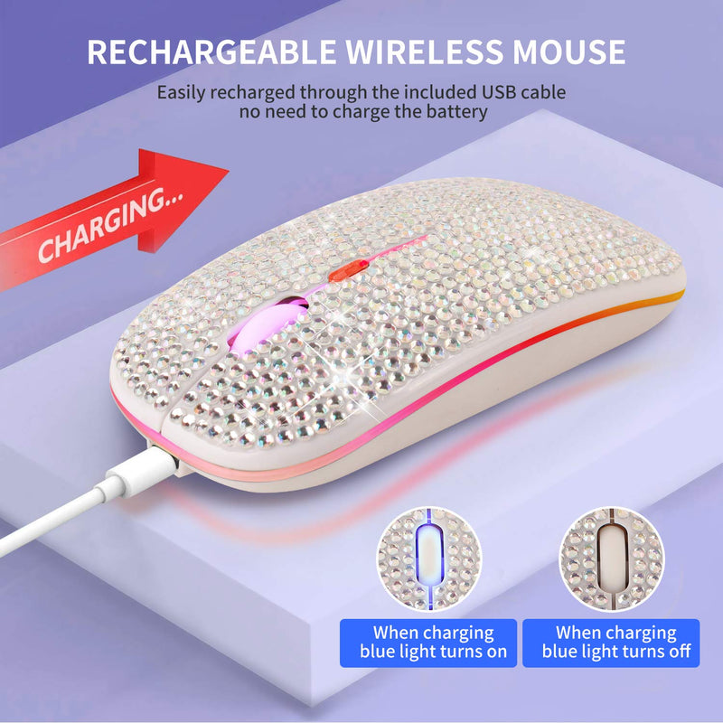 [Australia - AusPower] - Bling Dazzling Rechargeable 2.4GHz+5.2 Bluetooth Wireless Mouse Covered with Crystal Diamond Rhinestone,RGB Backlit,Great Gift idea for Her (Silver) Silver 