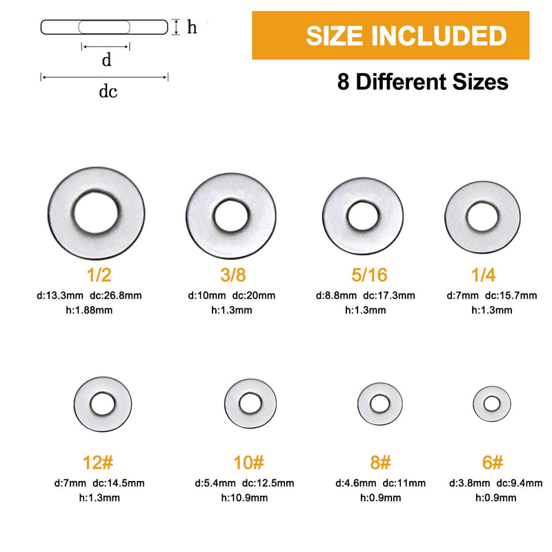 [Australia - AusPower] - VIGRUE 304 Stainless Steel Flat Washers Assortment Washers Hardware Set 300pieces,8Sizes 1/2" 3/8" 5/16" 1/4" 12# 10# 8# 6# 