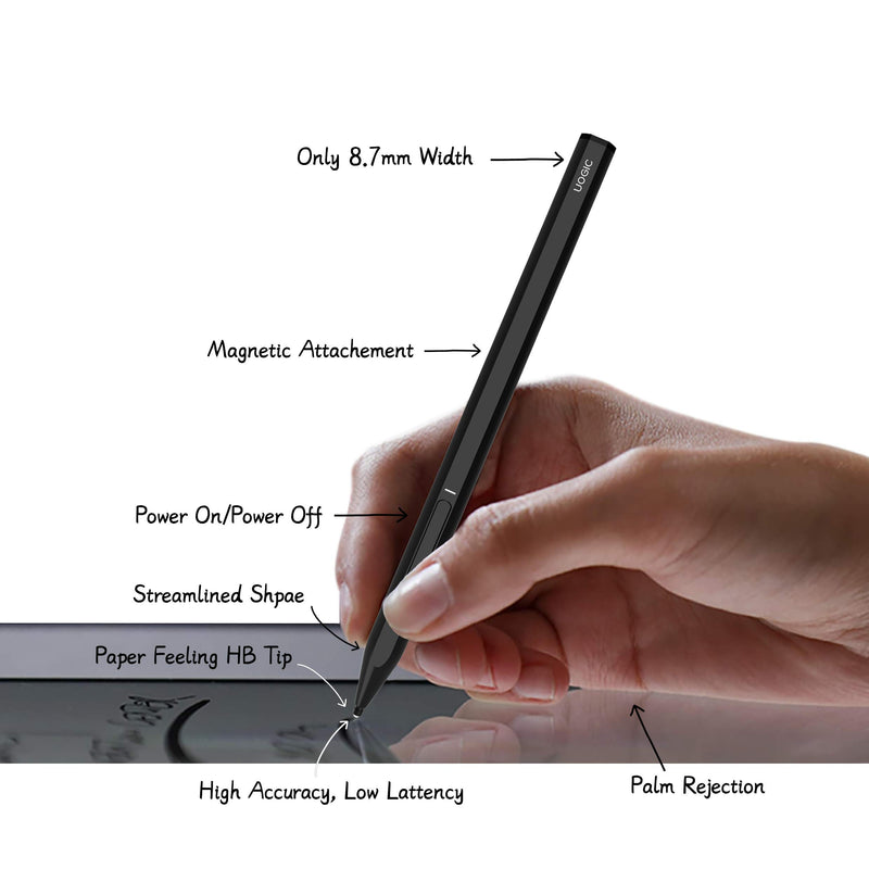 [Australia - AusPower] - Uogic Pen for iPad with Palm Rejection&Magnetic Attachement, Rechargeable, Slim&Lightweight, Compatible with iPad Pro 11/12.9 Inch 2018/2020/2021, iPad 6/7/8 Gen, iPad Mini 5th Gen, iPad Air 3/4 Gen Black 
