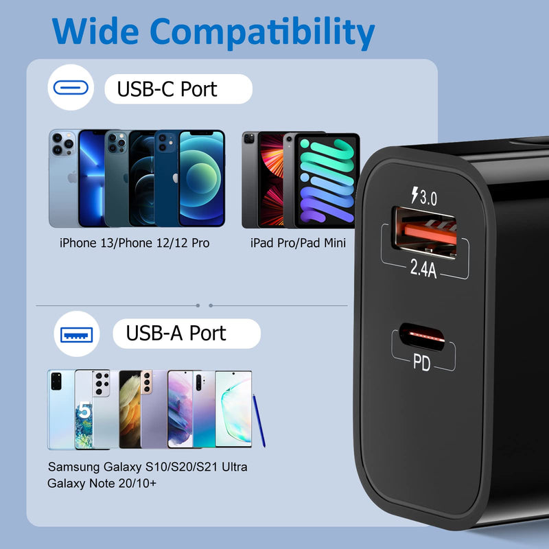 [Australia - AusPower] - 20W USB C Fast Charger+Quick Charger 3.0 Wall Charger, Bangfun 5 Pack Dual Port PD Fast Charging Block Power Adapter Compatible iPhone 13/12/11 Pro Max, XR/XS/SE/8/7 Plus, Samsung S21/S10 (Black) Black 