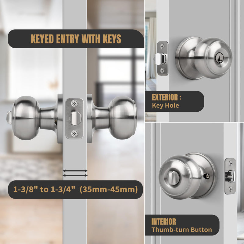 [Australia - AusPower] - Gaurqiah Keyed Entry Door Knob, Flat Ball Interior Door Knob with Lock, Round Exterior Doorknob for Front/Entrance Doors, Stain Nickel Keyed Entry {Stain Nickel} 