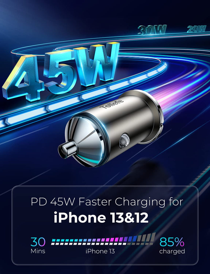 [Australia - AusPower] - Fast Car Charger 45 W TOLLEFE Metal USB C Car Charger PD 3.0/QC 3.0, PD 20 W/PPS 25 W for iPhone/Samsung - Gray 