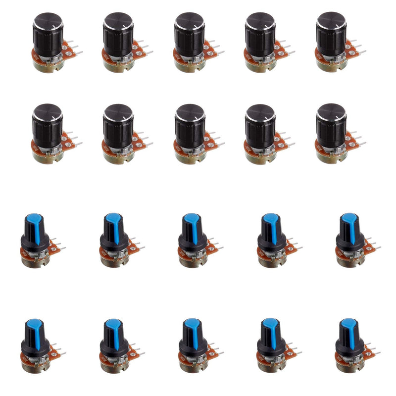 [Australia - AusPower] - BOJACK 20 Sets B10K Knurled Shaft 3 Terminals Linear Taper Rotary Potentiometer(WH148)10K Ohm Single Turn Carbon Film Variable Resistor with Black Aluminum & Blue Plastic Knobs Kit 