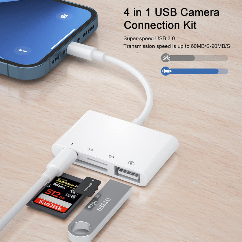 [Australia - AusPower] - SD Card Reader for iPhone/iPad,SD TF Reader for iPhone/iPad,4 in 1 USB OTG Camera Connection Kits with SD TF Card Reader and Charge Adapter Compatible iPhone/iPad,Support iOS 15. 4 in 1 USB Adapter 