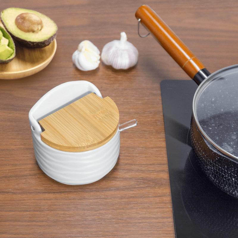 [Australia - AusPower] - Sugar Bowl, 77L Ceramic Sugar Bowl with Sugar Spoon and Bamboo Lid for Home and Kitchen - Modern Design, White, 8.58 FL OZ (254 ML) 