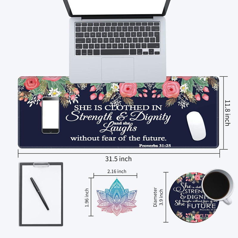 [Australia - AusPower] - Desk Pad Navy Blue Flower Bible Proverbs 31:25 Mouse pad with Cute Coasters and Pink Mandala Stickers Non-Slip Rubber Large Gaming Mouse Mat, Multifunctional Office Desk Mat 