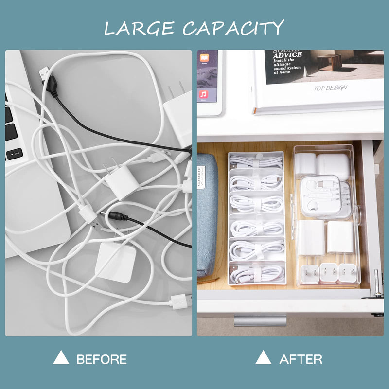 [Australia - AusPower] - Yesesion Plastic Cable Management Box with Lid and 10 Wire Ties, Detachable Clear Cord Storage Organizer with 6 Compartments, Desk Display Case for Office, Electronics, Stationery Supplies ( White ) 