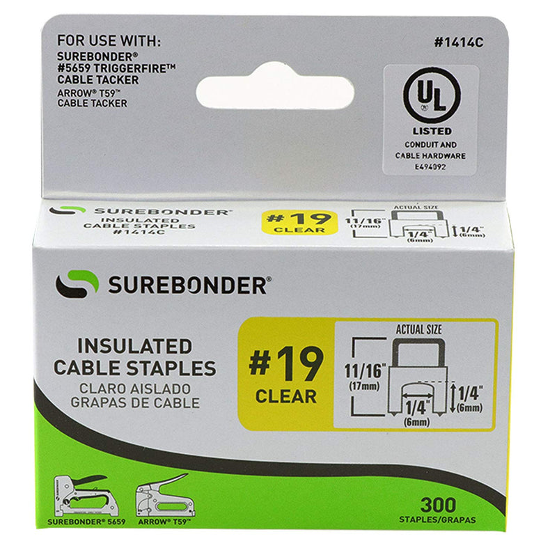 [Australia - AusPower] - Insulated Cable Staples, Clear, for Security, Thermostat, Telephone Wires, Ethernet Cat-5 cable and other wire up to 1/4" wide, 1/4" x 1/4", 300 Pack, No. 19 (Surebonder 1414C) 