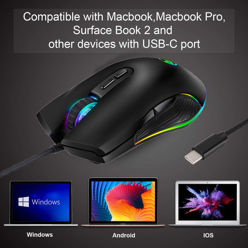 [Australia - AusPower] - Attoe USB C Mouse, Ergonomic Type-C Mouse with Backlight, up to 3200 DPI, RGB Wired Gaming Mouse for MacBook Pro, Matebook X, MacBook 12", Chromebook, HP OMEN and More USB Type C Devices (USB C Port) USB C Port 