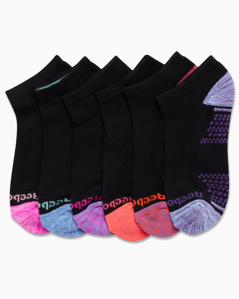 [Australia - AusPower] - Reebok Girls' Cushioned Comfort Athletic Performance No-Show Ankle Low Cut Socks (6 Pack), Size L/Shoe Size: 4-10, Black 