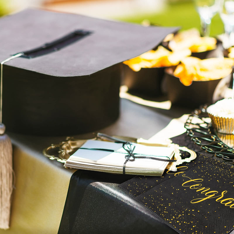 [Australia - AusPower] - Whaline 80 Pack Congratulations Paper Napkins 5 x 5 Inch Gold Foil Congrats Cocktail Napkins Black Graduation Party Disposable Beverage Napkins for Engagement Graduation Baby Shower Celebration Party 