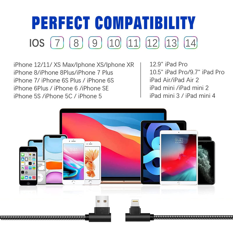 [Australia - AusPower] - iPhone Charger [MFi Certified] 3 Pack (3/6/10FT) Nylon Braided Lightning Cable Right Angle Fast Charging Cords Compatible with iPhone 13/12/11/ Xs/XS Max/XR/X/8/8 Plus/7/7 Plus iPad iPod AirPods BlackWhite 