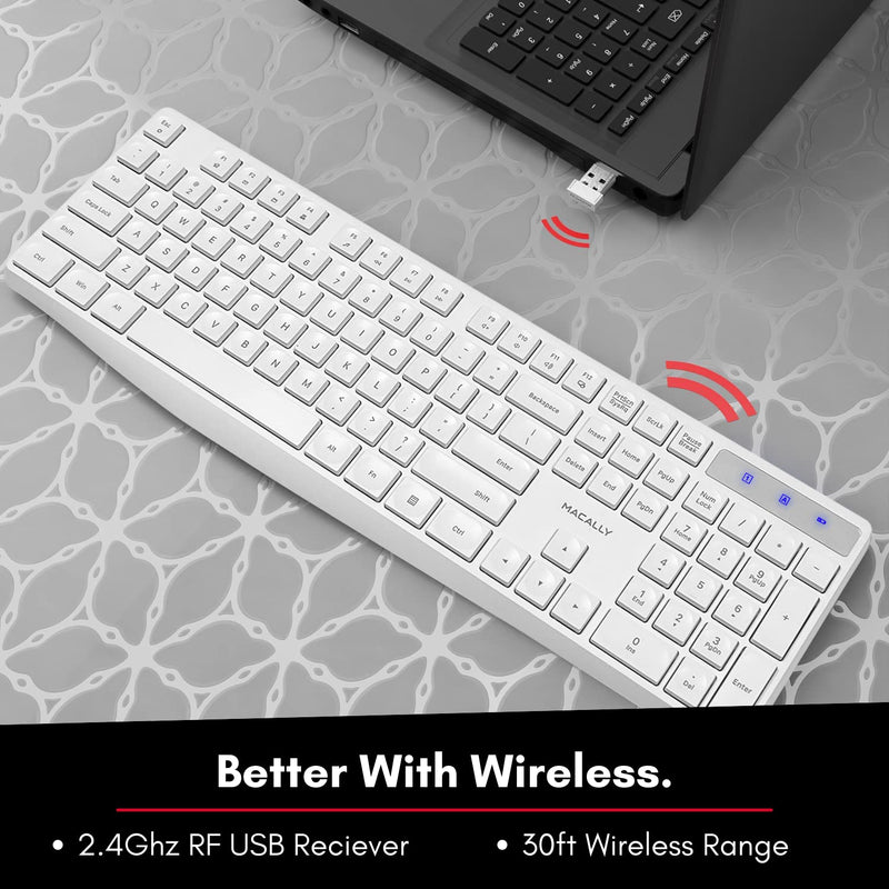 [Australia - AusPower] - Macally 2.4G USB Wireless Keyboard for Laptop or Computer - Keep it Simple - Full Size Keyboard with Numeric Keypad & 13 Shortcut Keys - Plug and Play PC Keyboard Wireless - White Keyboard Cordless 