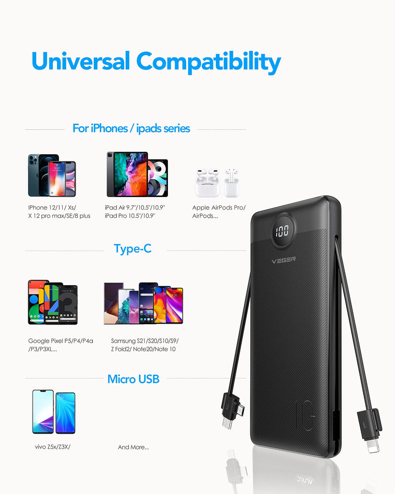 [Australia - AusPower] - VEGER Portable Charger for iPhone Built in Cables Fast Charging USB C Slim 10000 Power Bank, Wall Plug USB Battery Pack for iPhones, iPad, Samsung More Phones Tablets (Black) Black 