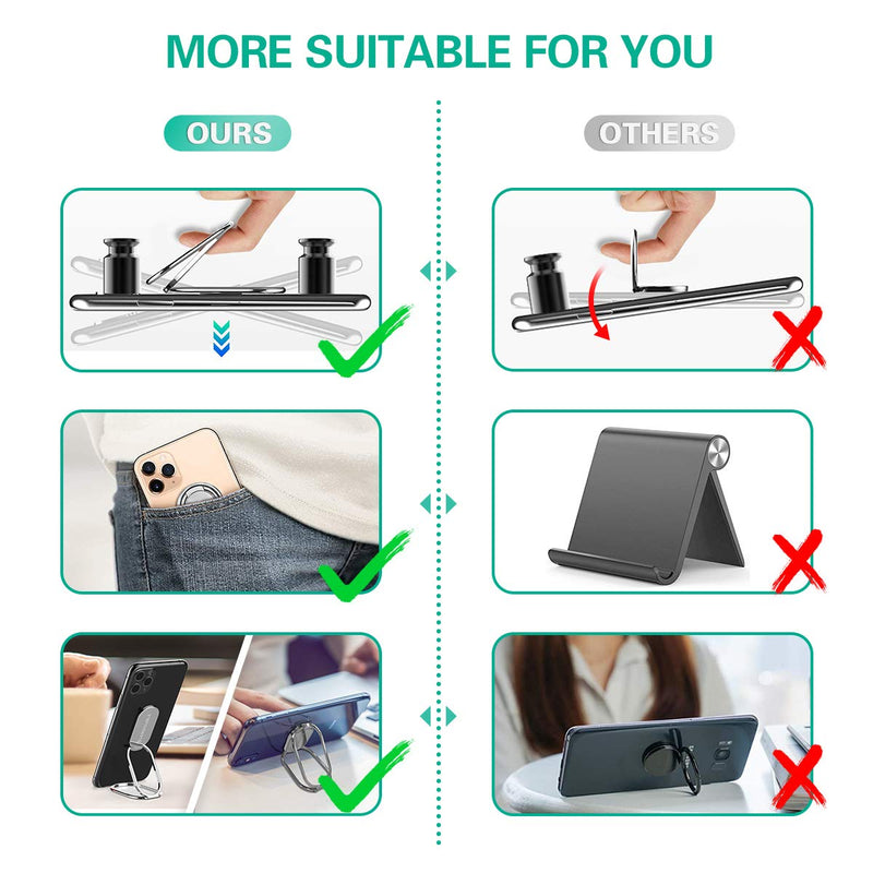 [Australia - AusPower] - Foldable Cell Phone Stand for Desk, Adjustable Cellphone Ring Holder Finger Kickstand for Office Desktop & Magnetic Car Mount, Rotatable Multi-Angle Hand Grip for iPhone 13 and Smartphones Back Case Silver 