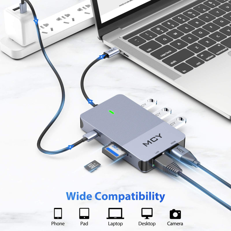 [Australia - AusPower] - USB C Hub, MCY 8-in-1 USB C to Ethernet Hub Adapter with 4K USB C to HDMI, USB 3.0 Ports, USB C PD Charging Port, SD/TF Card Reader Compatible with MacBook Pro, XPS and More Type C Devices Gray 