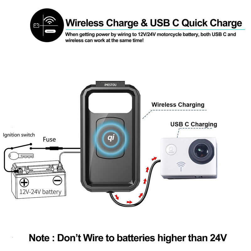 [Australia - AusPower] - iMESTOU Waterproof IP67 Motorcycle Phone (4.7"-6.1") Mount Wireless/ USB C Charger Handlebar Cellphone Holder 360 Rotation Work by Wiring to 12/24V Vehicles or Plugging to USB A Sockets For Smaller Phone Size 