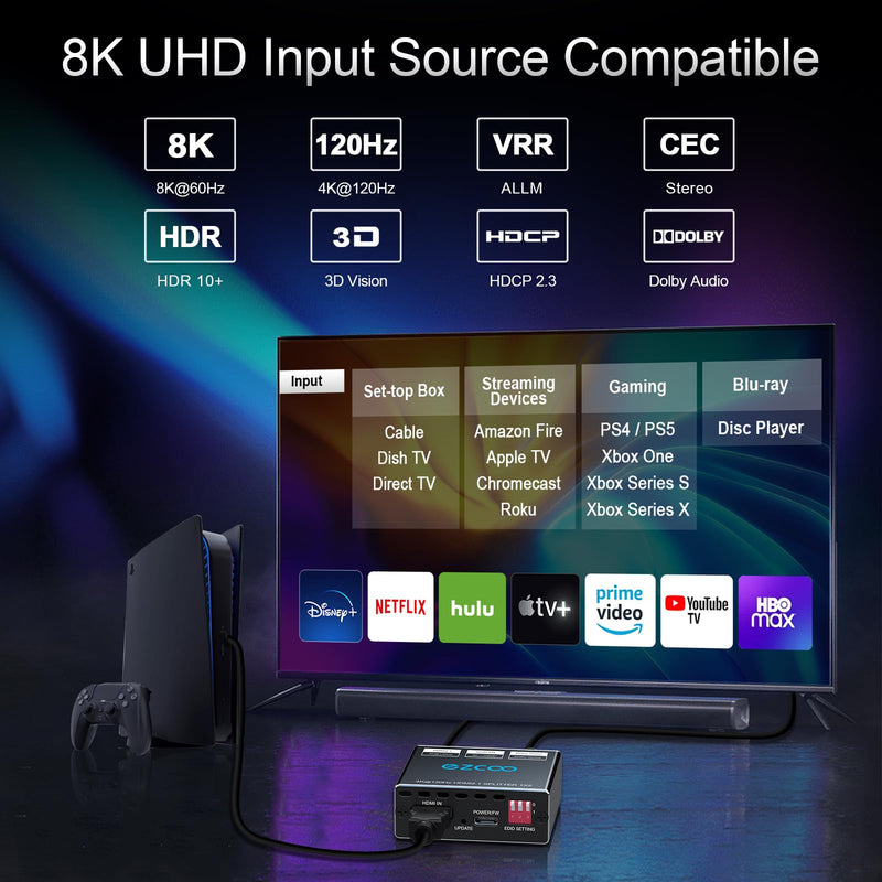 [Australia - AusPower] - HDMI 2.1 Splitter 4K 120Hz 1 in2 Out VRR ALLM HDCP2.3 HDR10 8KUHD Dolby Vision Atmos Scaler 4K EDID 1080P Dual Monitors HDMI 2.1 Splitter 1X2 for PS5 SkyQ Xbox NVIDIA AMD 